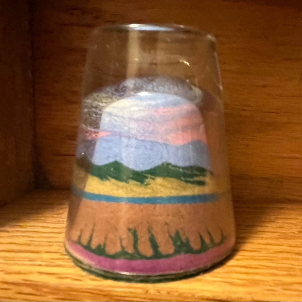MCM PAINTED DESERT SAND Souvenir - Shot Glass - HAND PLACED - 1970 - Artisan VTG